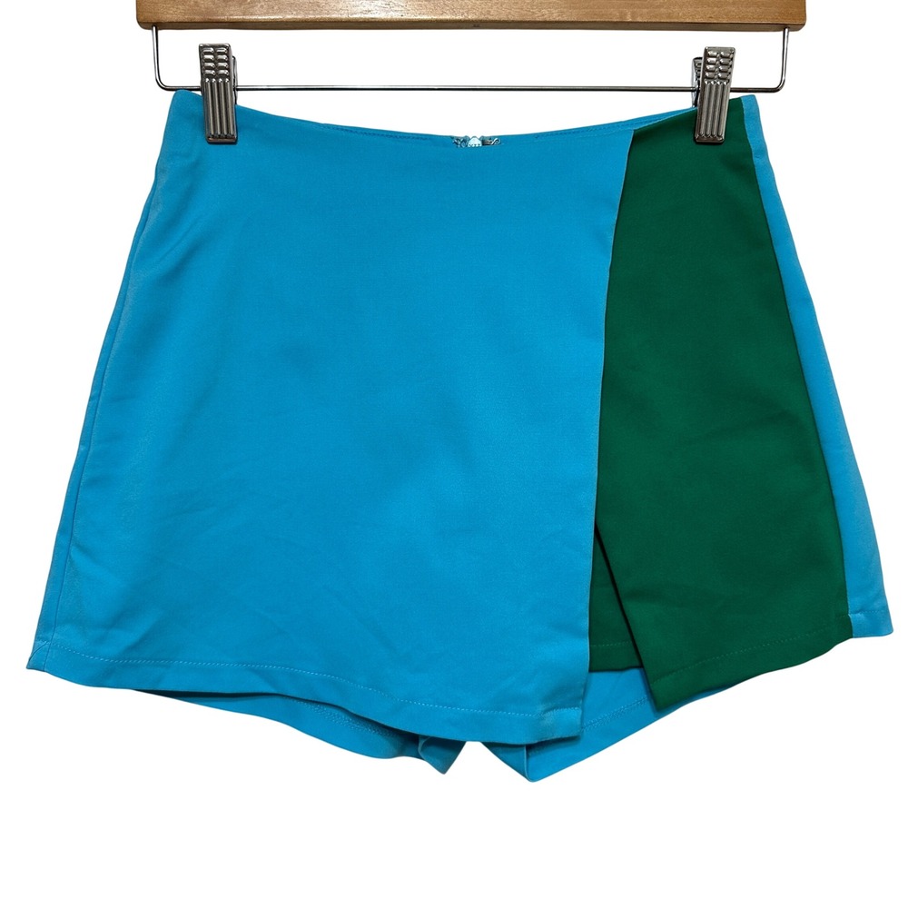 Superdown Colorblock Wrap Skort Mini Shorts Womens Small Blue Green Hot Pants